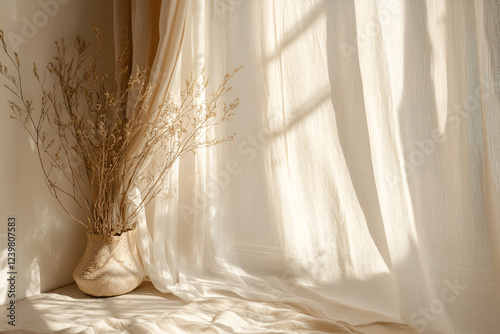 Sunlit Serenity: Dried flowers in a beige vase, bathed in warm sunlight streaming through sheer curtains.  A minimalist home decor scene evoking calm and tranquility. 
