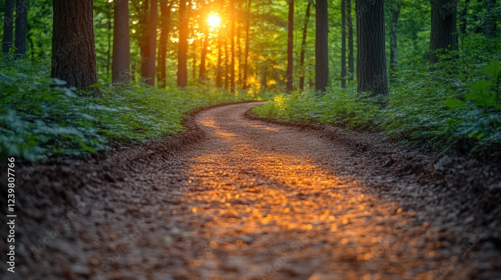 Obraz premium Sunlit path winding through a lush green forest at sunset.