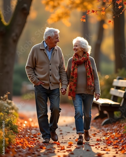 Smiling elderly couple enjoying a walk in the park during autumn, holding hands and cherishing a beautiful and warm moment together in their golden years

