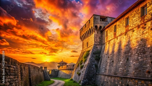 Majestic Silhouette of Medieval Fortress Walls at Sunset, Sarzana, Italy