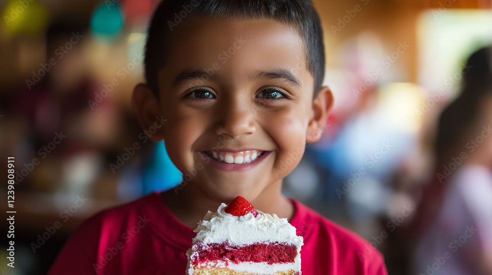 Happy latin boy with slice of cake at party, blurred background Happy latin boy with slice of cake at party, blurred background