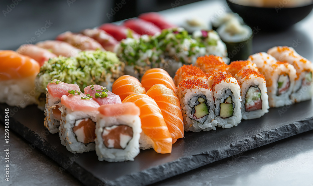 Slate Platter with Assorted Sushi Rolls on Dining Table, A Stylish and Fresh Presentation of Sushi Delights Slate Platter with Assorted Sushi Rolls on Dining Table, A Stylish and Fresh Presentation of Sushi Delights