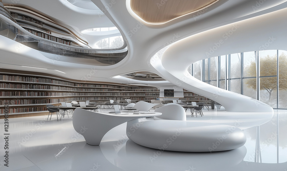 Futuristic Library with Virtual Bookshelves and Digital Access, The Future of Reading and Knowledge Sharing Futuristic Library with Virtual Bookshelves and Digital Access, The Future of Reading and Knowledge Sharing