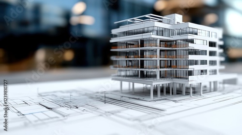 A modern architectural model displayed on blueprints, showcasing design and structure.