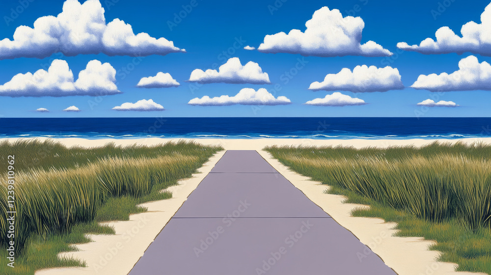 Pathway leading to serene beach under blue sky Pathway leading to serene beach under blue sky