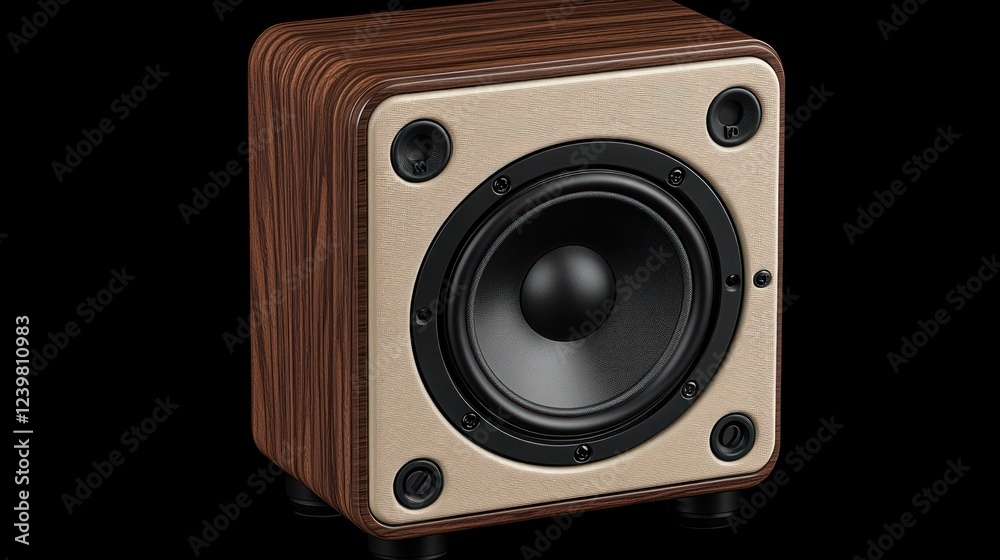 Compact wooden subwoofer with beige front panel, isolated on black background. Compact wooden subwoofer with beige front panel, isolated on black background.