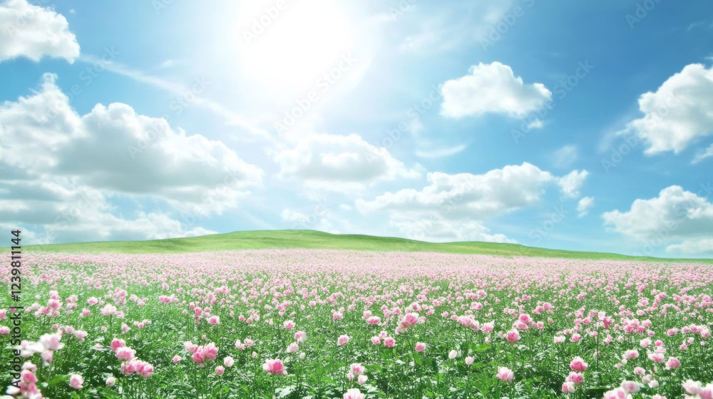 sunny field of pink flowers under blue sky sunny field of pink flowers under blue sky