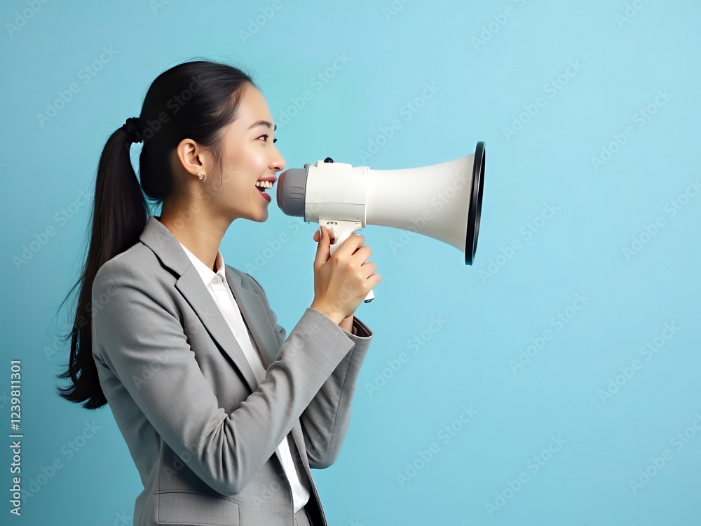 Confident Asian businesswoman using a megaphone to make an announcement Confident Asian businesswoman using a megaphone to make an announcement