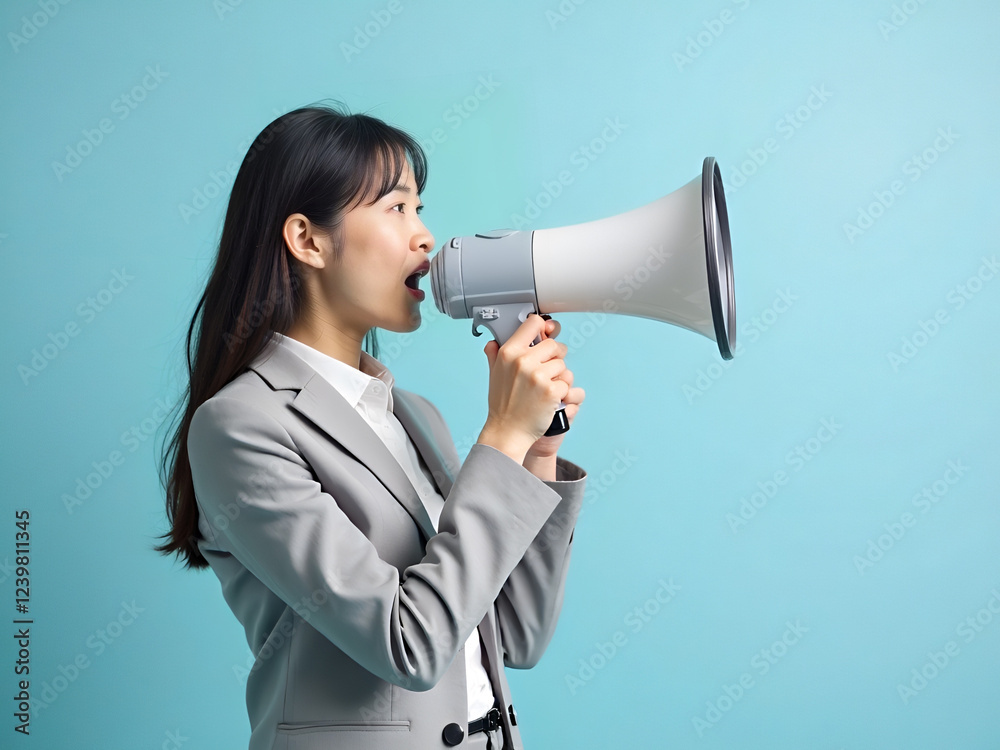 Businesswoman announcing with a megaphone on a light blue background Businesswoman announcing with a megaphone on a light blue background