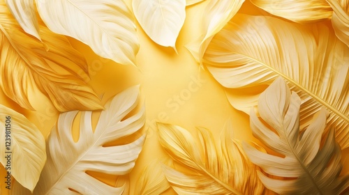 Golden Tropical Leaves Arranged on Yellow Background photo