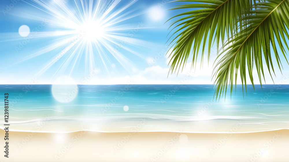 Obraz premium Sunny beach with palm leaves and ocean view