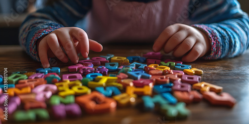 Child playing with colorful alphabet letters, Early learning and educational development concept