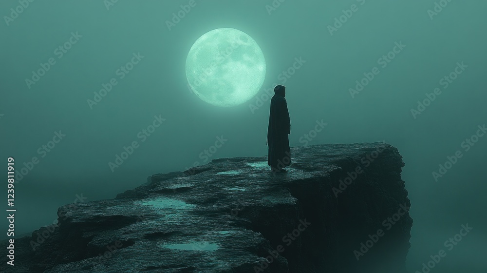 Mysterious hooded figure standing on a cliff at night, gazing at a large, eerie moon in a misty, teal landscape. Mysterious hooded figure standing on a cliff at night, gazing at a large, eerie moon in a misty, teal landscape.