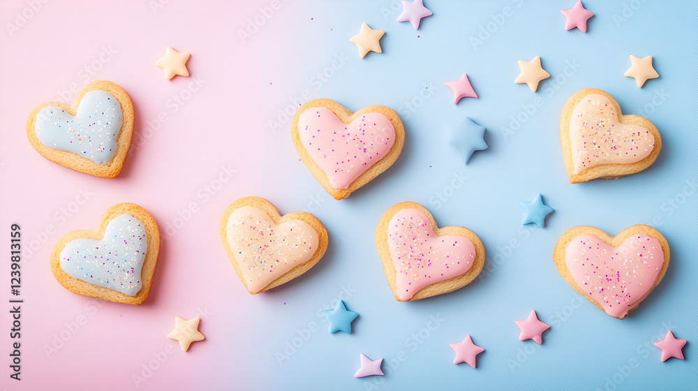 Fototapeta premium Pastel Heart Cookies: Sweet pastel-colored heart-shaped cookies arranged on a pink and blue background, decorated with pastel sprinkles and stars. Perfect for Valentine's Day, birthdays.