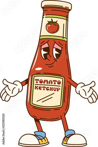 Cartoon groovy tomato ketchup sauce character with funny face, vector comic bottle. Groovy ketchup glass bottle character with happy smile for fast food, BBQ grill sauce or cooking in retro cartoon