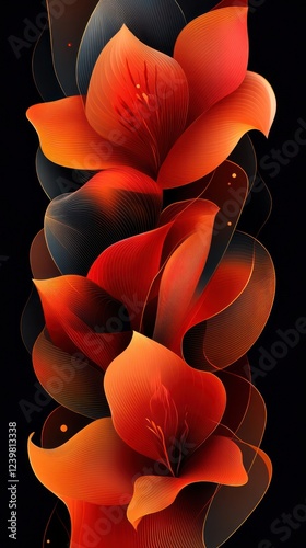 Vertical arrangement of vibrant red flowers on a black background with translucent, smoky elements.