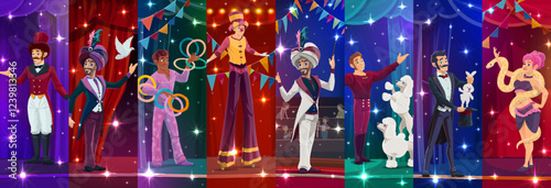 Cartoon circus performer characters collage, vector carnival artists and animals at circus arena. Cute magician, juggler, clown and entertainer, snake charmer and dog trainer performer characters
