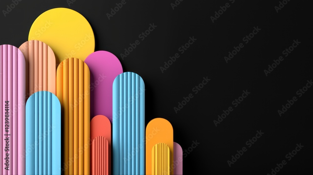 Abstract composition of colorful shapes on a black background, creating a modern aesthetic. Abstract composition of colorful shapes on a black background, creating a modern aesthetic.