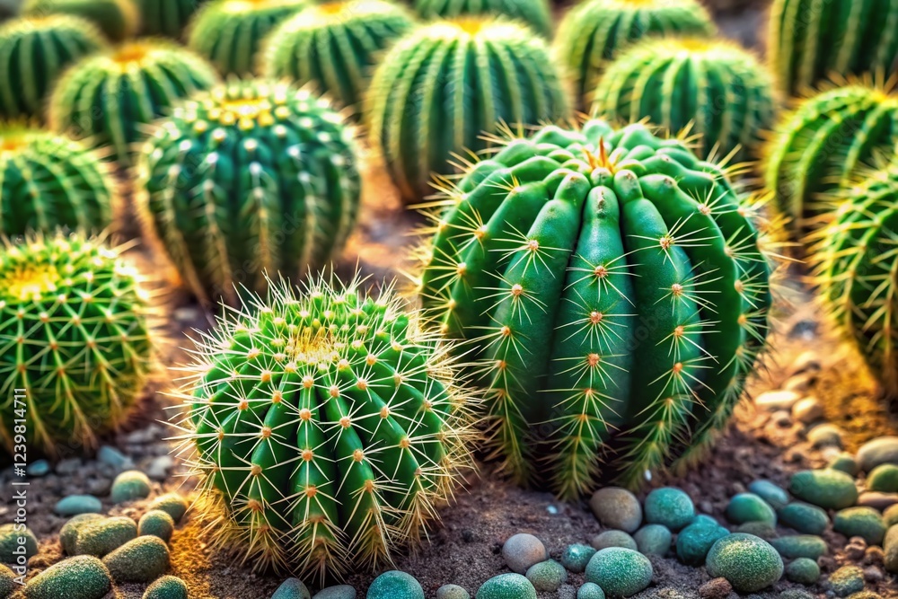Minimalist Desert Cactus Cluster: Spiky Green Succulents in Sandy Soil Minimalist Desert Cactus Cluster: Spiky Green Succulents in Sandy Soil