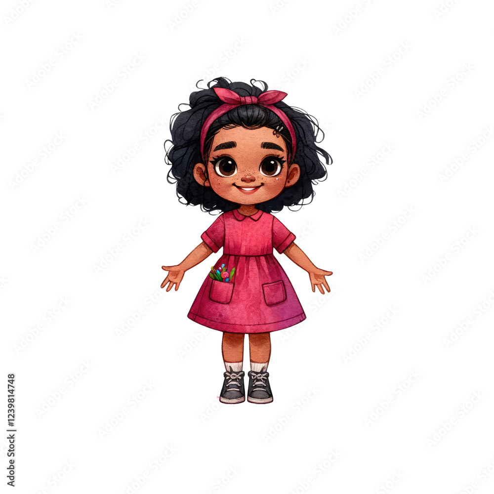 A cheerful little girl illustration wearing a pink dress and a joyful expression, perfect for children's themes and artwork. A cheerful little girl illustration wearing a pink dress and a joyful expression, perfect for children's themes and artwork.