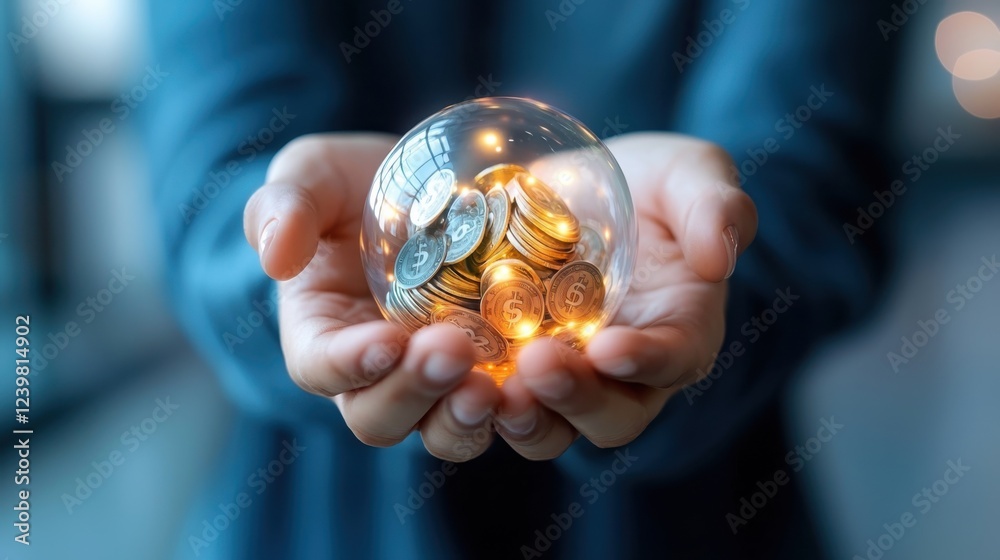 Hands Holding a Glowing Orb Filled with Money Representing the Power of Financial Success Wealth and Prosperity The Illuminated Sphere Symbolizes the Potential for Growth Investment Hands Holding a Glowing Orb Filled with Money Representing the Power of Financial Success Wealth and Prosperity The Illuminated Sphere Symbolizes the Potential for Growth Investment