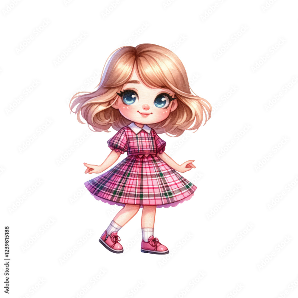 An adorable animated girl in a pink plaid dress, exuding charm and innocence, perfect for children's themes and illustrations. An adorable animated girl in a pink plaid dress, exuding charm and innocence, perfect for children's themes and illustrations.