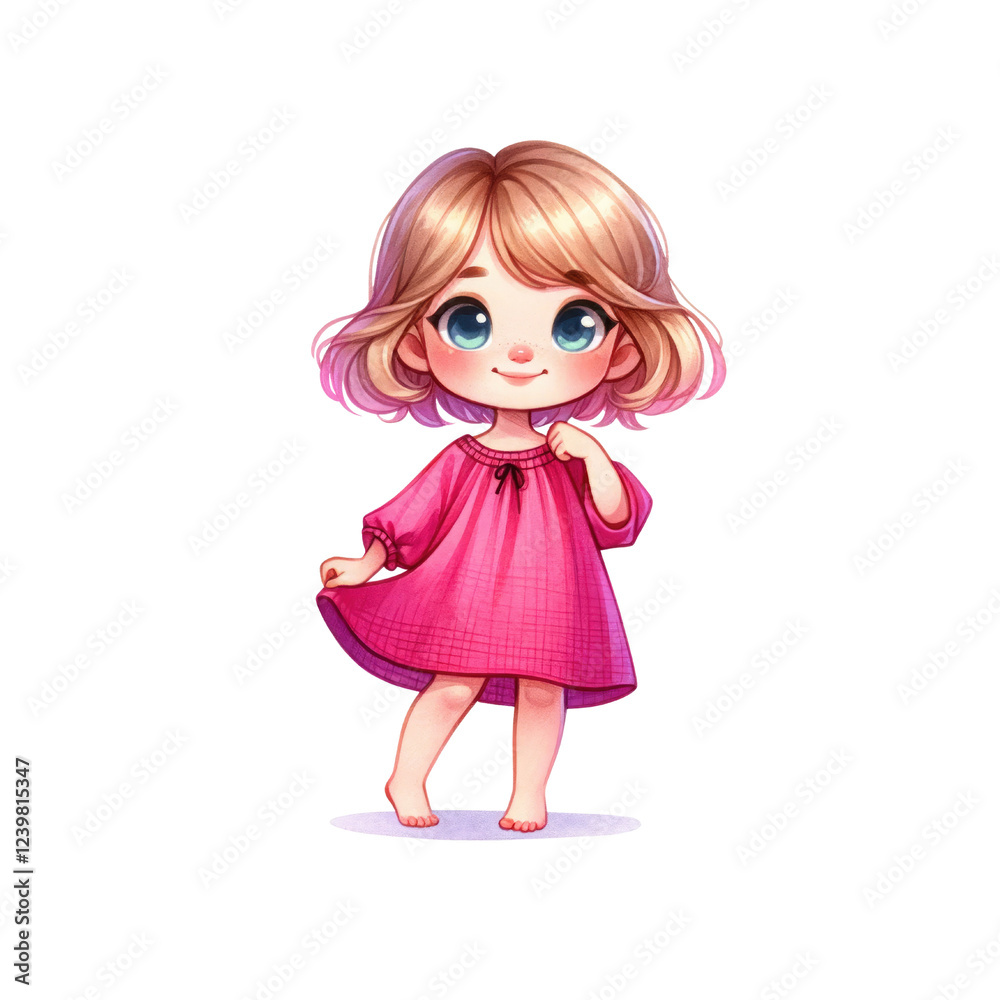 Cute cartoon girl in a pink dress, showcasing innocence and joy, perfect for children's themes and illustrations. Cute cartoon girl in a pink dress, showcasing innocence and joy, perfect for children's themes and illustrations.