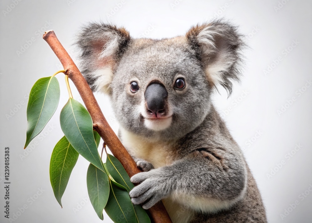 Naklejka premium Minimalistic Koala on Eucalyptus Leaf in Grey and White