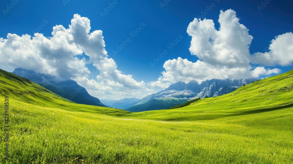 Obraz premium Vibrant green valley under a blue sky with fluffy clouds in the mountains during a sunny day. Generative AI