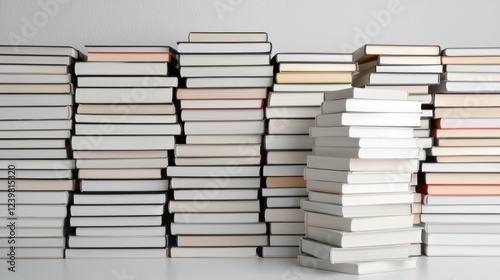 A stack of books arranged in a neat, organized manner on a white surface.