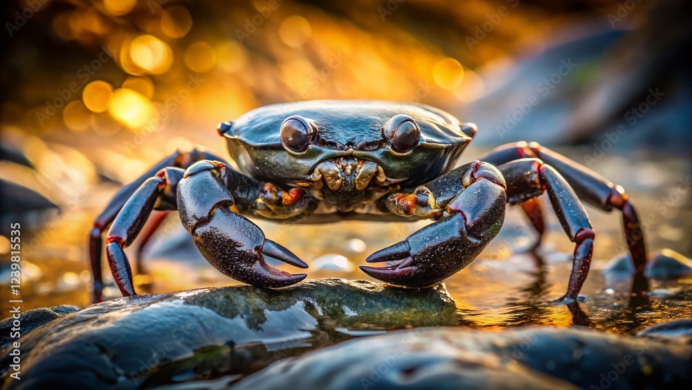 Minimalist Low Tide Seascape: Close-up of Black Crab on Rock Minimalist Low Tide Seascape: Close-up of Black Crab on Rock