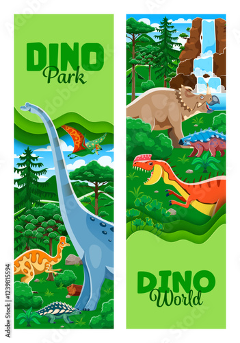 Paper cut dino park banners of cartoon prehistoric dinosaurs with trees and waterfall landscape vector background. Centrosaurus, ankylosaurus and titanosauria dinosaur characters, dino park flyers