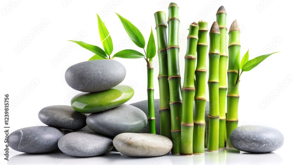 Zen-inspired macro photography: Grey stones and lush green bamboo create a peaceful, natural escape. Zen-inspired macro photography: Grey stones and lush green bamboo create a peaceful, natural escape.