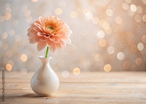Minimalist Peach Blossom in White Vase: Bokeh Background Stock Photo