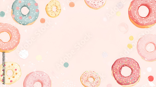 Fototapeta Donut Delight Frame: A whimsical arrangement of colorful donuts with sprinkles and frosting, scattered around the border of a pastel pink background.
