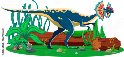 Dilophosaurus prehistoric dinosaur cartoon character at lush landscape with ferns and rocks. Vector theropod dino from the Early Jurassic period, known for its distinctive double crest on its head