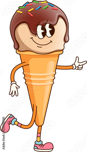 Groovy ice cream character with a lively expression and chocolate topping, cheerfully giving finger gun gesture. Isolated cartoon vector playful and vibrant summer treat personage with funny face