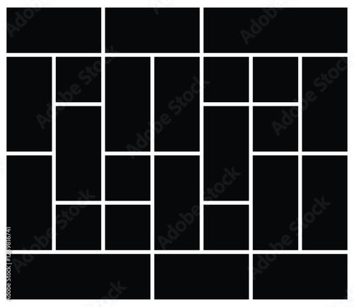 Rectangle empty photo collage grid template background. Tiles and mosaic picture frame for wall mood board and presentation. Family people photo album collage .