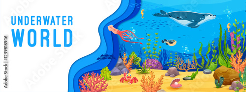 Oceanarium or underwater world park banner with sea animals at ocean bottom landscape background with vector 3d paper cut border. Cartoon fur seal, squid, crab, seahorse and pufferfish characters