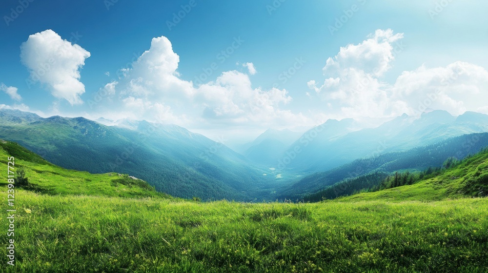 Expansive green meadow surrounded by majestic mountains under a clear blue sky with fluffy clouds. Generative AI Expansive green meadow surrounded by majestic mountains under a clear blue sky with fluffy clouds. Generative AI