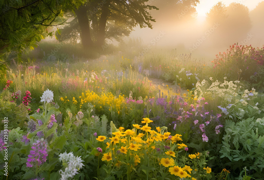 Fototapeta premium dreamy wildflower scene with misty background 