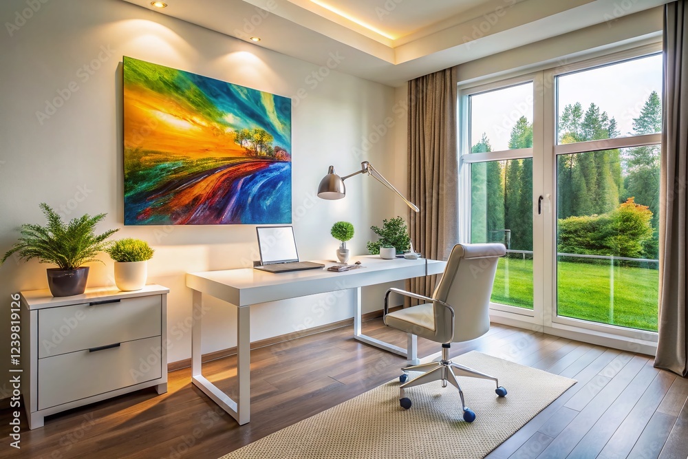 Fototapeta premium Modern Home Office with Abstract Painting and Sculpture