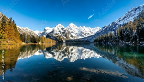 capped mountains reflected in a pristine lake 