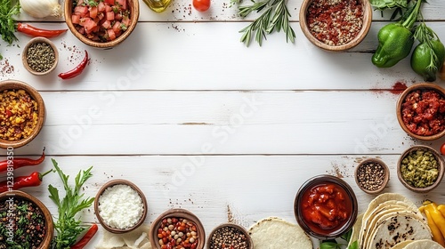 Fototapeta Naklejka Na Ścianę i Meble -  Various spices, sauces, and vegetables frame a white wood background. Perfect for recipes, food blogs, or restaurant menus.