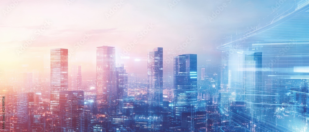 Obraz premium Futuristic Cityscape with Carbon Neutral Office Buildings at Sunset