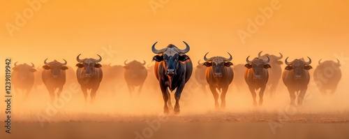 Herd of Majestic Buffaloes Silhouetted Against the Stunning Sunset Traversing the Misty Savanna in a Dramatic Pastoral Scene