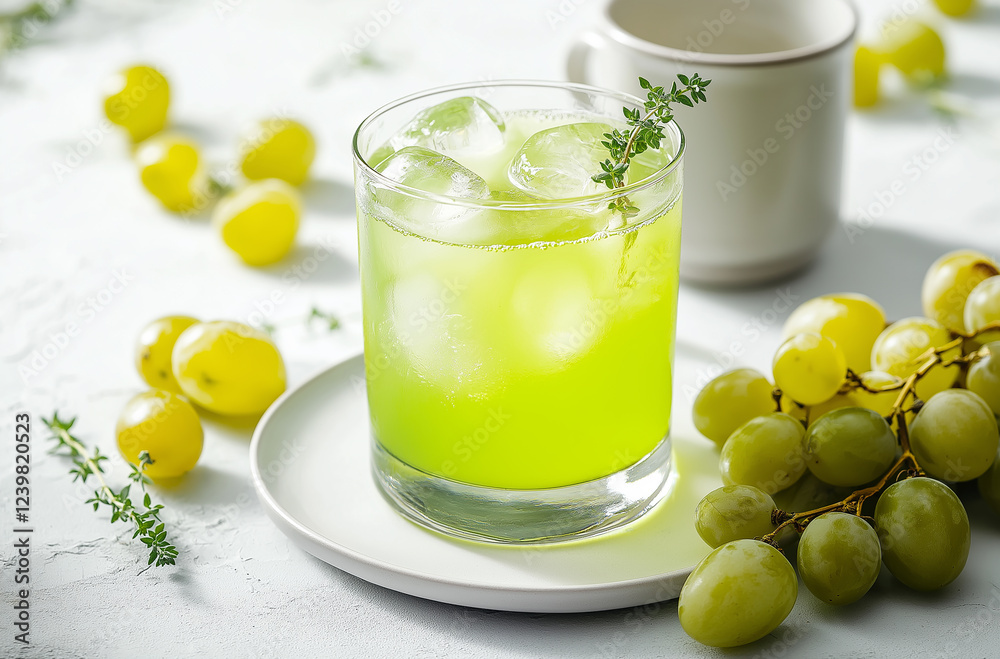 Refreshing summer drink in glass with ice cubes, green grape and lemon on the table. Refreshing summer drink in glass with ice cubes, green grape and lemon on the table.
