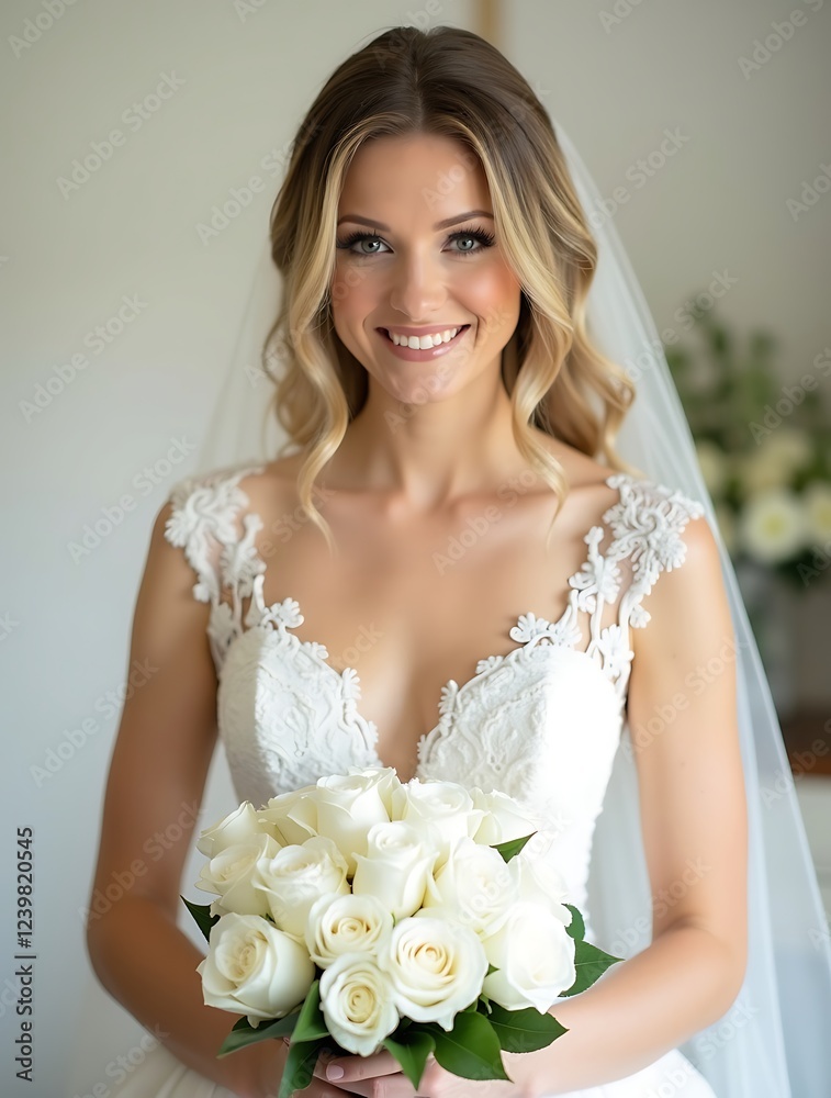 Naklejka premium Beautiful bride in an exquisite white gown holding a bouquet of roses. A symbol of love and romance, smiling joyfully on her big day, radiating beauty, elegance, and happiness.