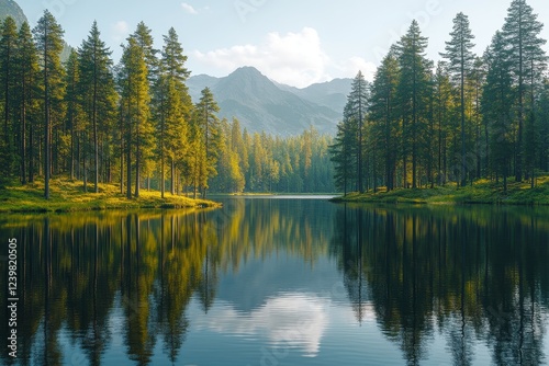 Serene mountain lake reflection, alpine forest, sunrise