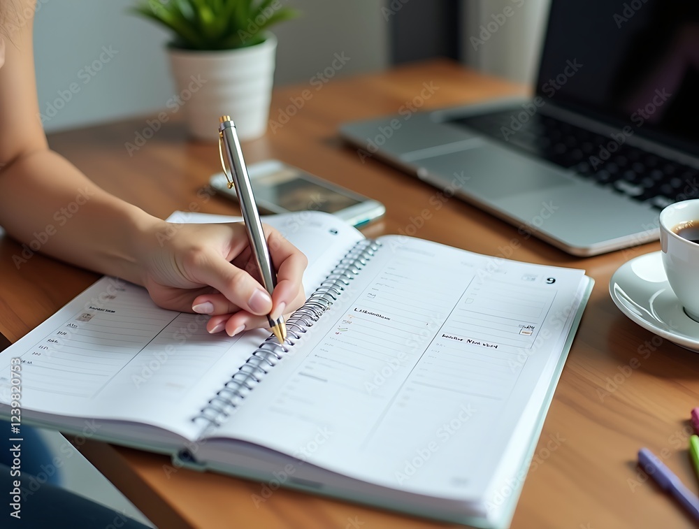 2️⃣ Close-up of a person writing in a spiral planner with laptop and coffee cup, scheduling tasks, managing time, and setting priorities for better workflow and productivity
2️⃣ Close-up of a person writing in a spiral planner with laptop and coffee cup, scheduling tasks, managing time, and setting priorities for better workflow and productivity
